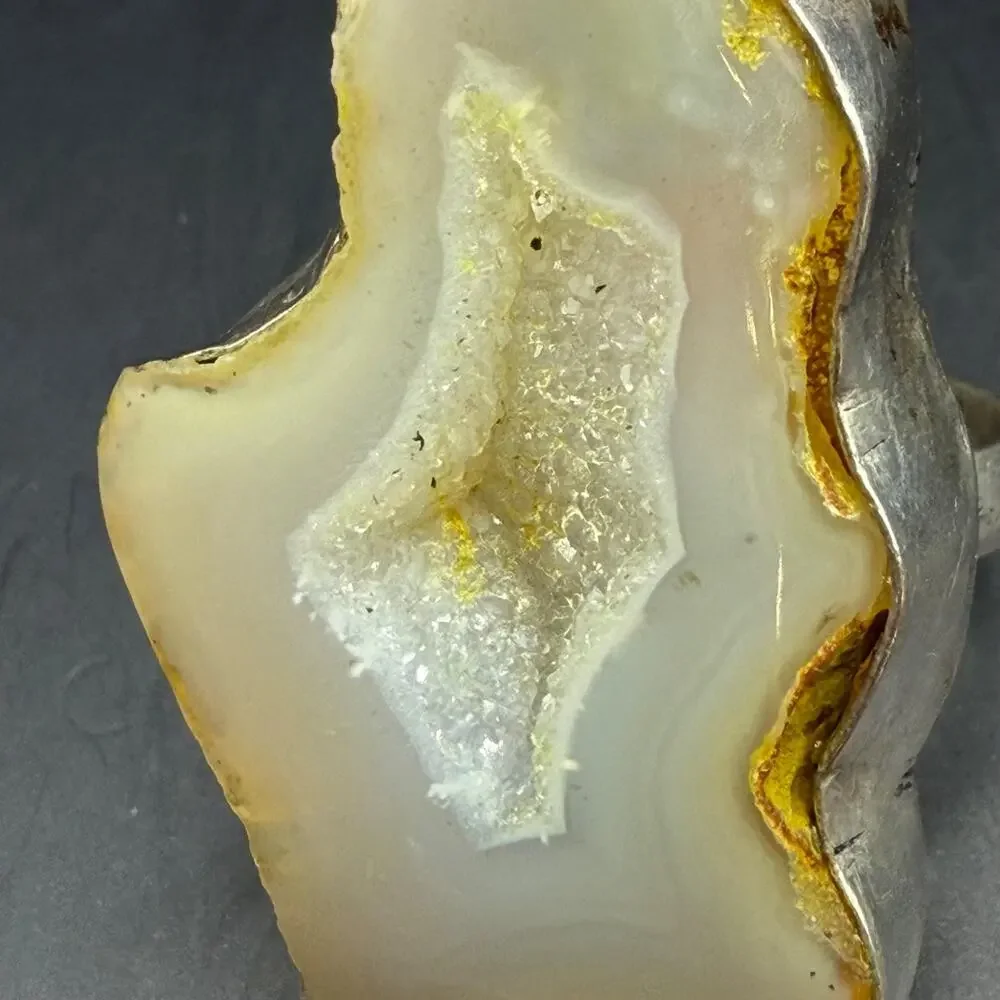 Handcrafted White Druzy Agate Slice Statement Ring Size 8 Natural Gemstone